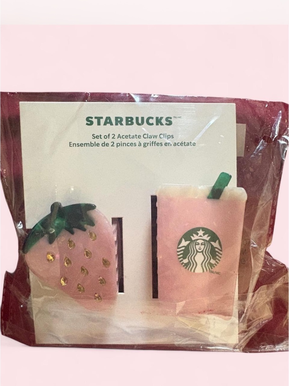 Starbucks Pink Strawberry & Cup Acetate Hair Claw Clips Set